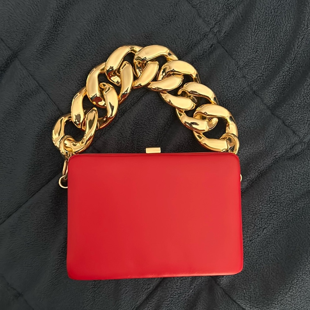 Square Red Faux Leather Gold Chain mini bag